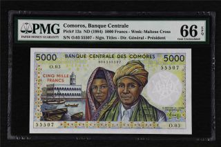 1984 Comoros Banque Centrale 5000 Francs Pick 12a Pmg 66 Epq Gem Unc