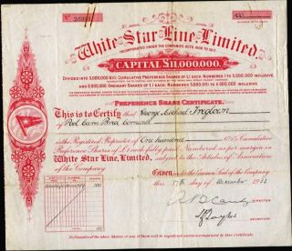 White Star Line,  Limited,  1933,  Iconic English Stock Certificate