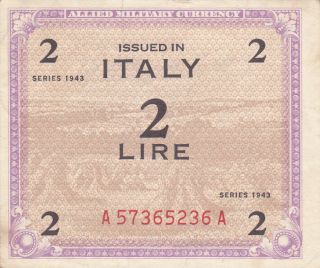 2 Lire Very Fine Banknote From Allied Military In Italy 1943 Pick - M11