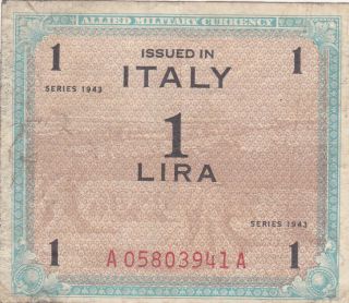1 Lira Fine - Vg Banknote From Allied Military In Italy 1943 Pick - M10