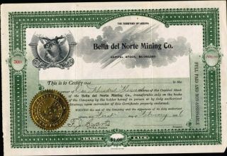 Bella Del Norte Mining Co,  Territory Of Arizona,  Uncancelled,  1906 Stock