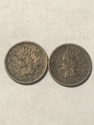 2 Two 1859 1c Indian Head Cent Penny Us Coins
