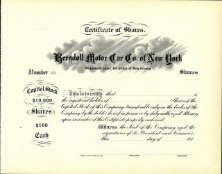 Bergdoll Motor Carco Of Ny,  191 -,  Unissued,  And Scrisp Stock Certificate