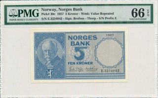 Norges Bank Norway 5 Kroner 1957 Pmg 66epq