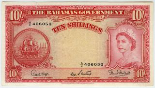 Bahamas 1953 Issue 10 Shillings Banknote Scarce Crisp Xf.  Pick 14b.