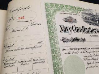 Navy Cove Harbor Railroad Company 1900s 250 Stock Certificate Ledger Ft Morgan 9