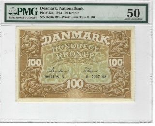 P - 33d 1943 100 Kroner,  Denmark National Bank,  Pmg 50 About Uncirculated,
