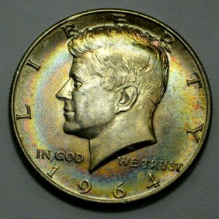 1964 - D Ms/unc Kennedy Half Dollar 50c,  Natural Rainbow Toning Silver Us Coin