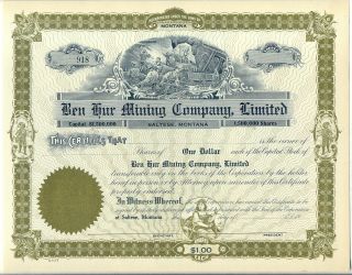 Ben Hur Mining Company,  Limited Stock Certificate Saltese Montana