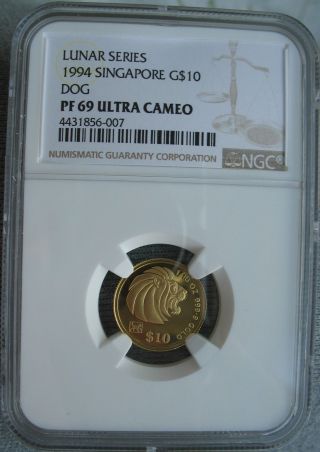 1994 Singapore Gold 10 Dollars Ngc Pf - 69 Ult.  Cameo Lunar Series Year Of The Dog