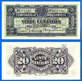 Mozambique 20 Centavos 1933 Unc Cancelled By Perforation World