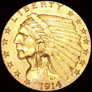 1914 - D $2.  50 Quarter Eagle Nearly Uncirculated High End Lustrous Indian Head Nr