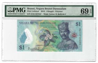 Brunei $1 Ringgit 2016 Polymer,  Pmg 69 Epq Gem Unc,  Very Rare Grade P - 35c