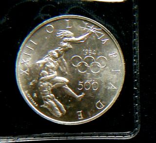 1984 San Marino Italy Rare Silver Coin 500 Unc Olympic Los Angeles Plastic Box