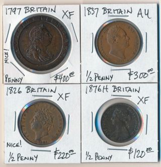 ,  Awesome,  Four British Coppers 1797 - 1876 Cat Value $1000,  So No Rsrv