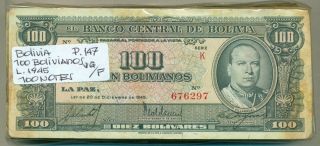 Bolivia Bundle 100 Notes 100 Bolivianos Law 1945 P 147 Vg/f