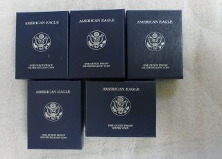 2003,  2004,  2005,  2006 & 2007 Proof Silver Eagles 5 - Coins W/ &