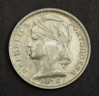 1916,  Portugal (republic).  Silver 20 Centavos Coin.  Au,