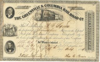 South Carolina 1854 The Greenville & Columbia Railroad Co Stock Certificate