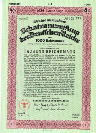 Deutsches Reich,  Berlin 1936,  Treasury Loan 1000 Reichsmark,  Uncancelled,  Vf,