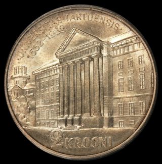 1932 Estonia 2 Krooni University Of Tartu Silver Coin - Pcgs Ms 65 - Km 13