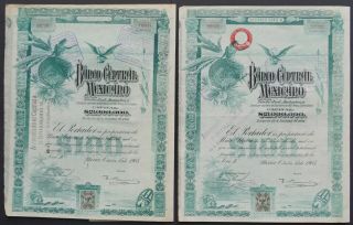 Mexico - Banco Central Mexicano - 1905 - Share A 100 Pesos " Blueberry " 2x