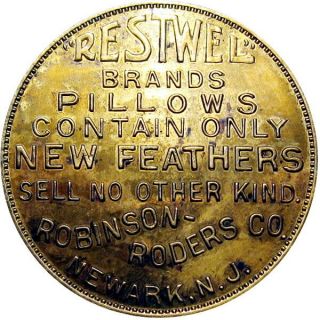 Pre 1933 Newark Jersey Good Luck Swastika Token Restwell Feather Pillows