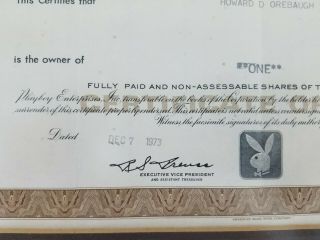 Playboy Stock Certificate One Share Willy Rey Professionally Framed 6