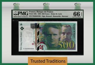 Tt Pk 160c 1998 France 500 Francs " Marie & Pierre Curie " Pmg 66 Epq Gem Unc