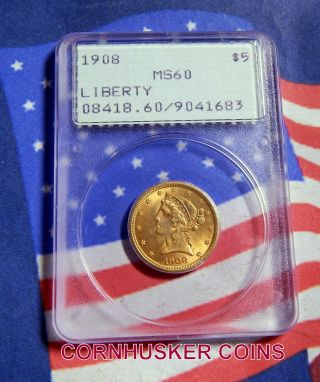 1908 $5 Liberty Head Half Eagle Pcgs Ms60 In Ogh Rattler Holder - Choice