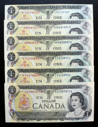 1973 Bank Of Canada $1 Set Of 6 Replacement Notes Ia,  Mr,  Fv,  Mm,  Fg & Gy