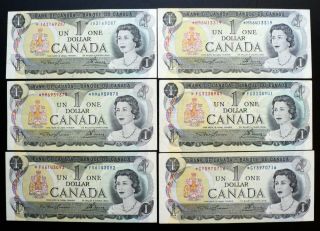 1973 BANK OF CANADA $1 Set of 6 Replacement Notes IA,  MR,  FV,  MM,  FG & GY 2