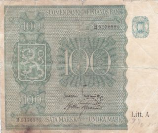 100 Markkaa Vg - Poor Banknote From Finland 1945 Pick - 80a