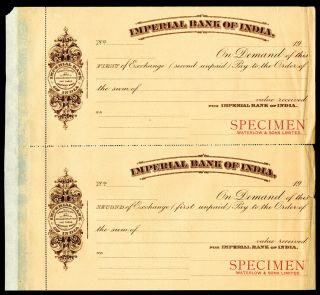 Waterlow & Sons.  India.  Imperial Bank Of India,  1910 - 20 Specimen Exchange Pair