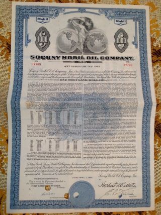 Shares Of Stock " Socony Mobil Oil Company  - $1000 Vertical Bond Certificate