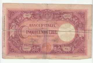 Italy 500 Lire 1943 Heavily Circ.  P69 (big Tear) @