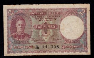 Ceylon 2 Rupees 1947 Pick 35 Fine.