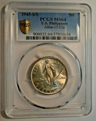 U.  S.  Philippines 1945 S/s Pcgs Ms64 Commonwealth Type 50 Centavos Silver Coin