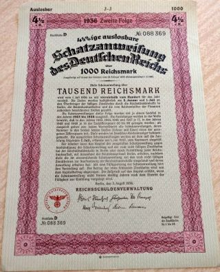 Germany 1936 Deutschen Reichs Nazi 1000 Reichsmark Unc Bond Loan Share Stock