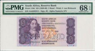 Reserve Bank South Africa 5 Rand Nd (1989 - 90) Prefix Aa Pmg 68epq