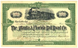 Atlanta & Florida Rail Road Co.  Stock Certificate.  1891
