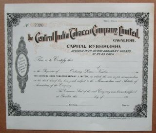India The Central India Tobacco Co Ltd 1930s Share Certificate