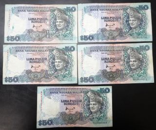 5 Malaysia $50 Fifty Dollars Ringgit Notes 1995 - 1998,  Bank Negara,  B.  A.  & Tdlr