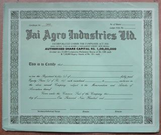 India Jai Agro Industries Ltd Share Certificate