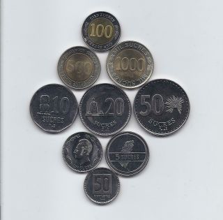 Ecuador 1988 - 1997 9 Coins Unc Set 50 Centavos 1 5 10 20 50 100 500 1000 Sucres