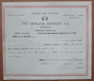 India The Gwalior Breweries Ltd.  1940s Share Certificate