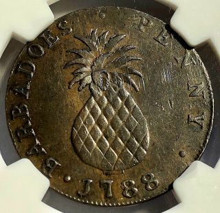 1788 Barbados Slave Plantation Token Penny - Pineapple - Narrow Date - Ngc Au