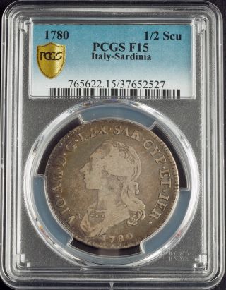 1780,  Sardinia,  Victor Amadeus III.  Scarce Silver ½ Scudo Coin.  PCGS F - 15 3