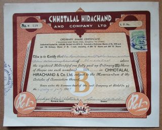 India Chhotalal Hirachand & Co.  Ltd.  1949 Share Certificate