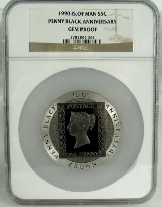 Isle Of Man 1990 Ngc Gem Proof Penny Black 5 Oz Silver Coin In Case